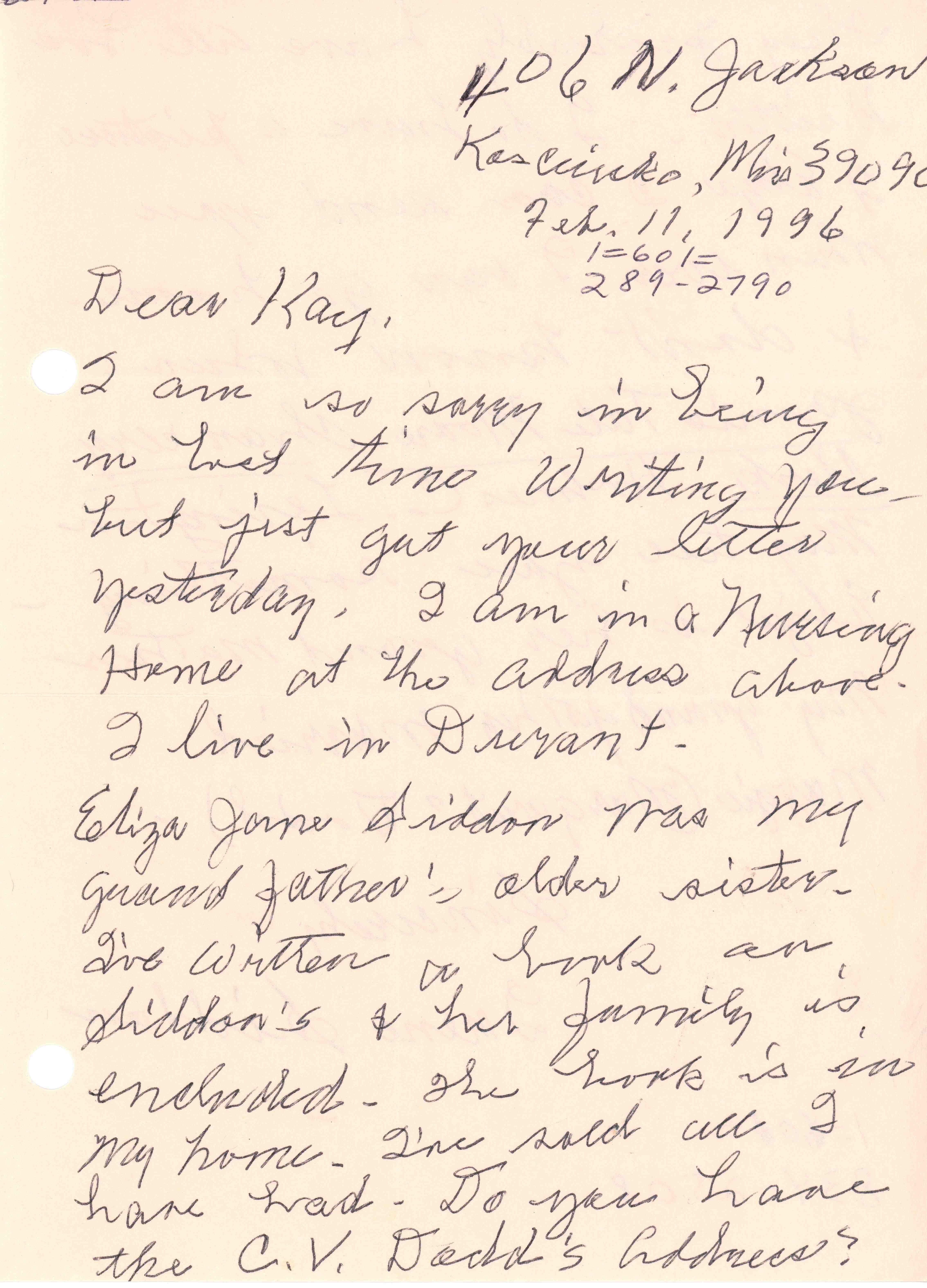 Siddon, Myrtis Irene to Kay Rockett, July 1996, Page 1 of 2